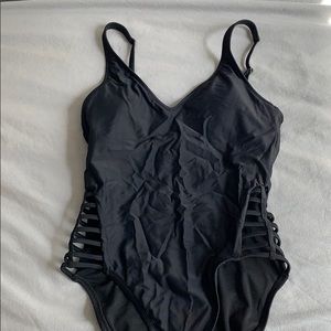One piece black v neck swimsuit with side cut outs